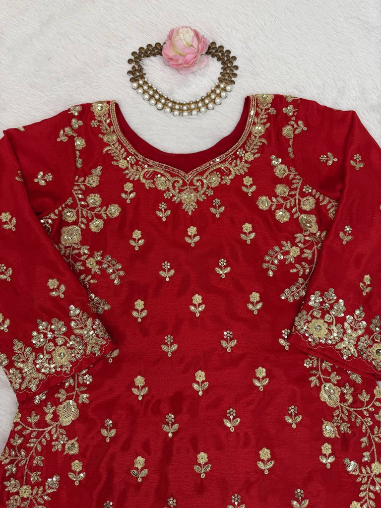 Red Chinon Silk Embroidered Sharara Set with Net Dupatta & Lace Border ClothsVilla