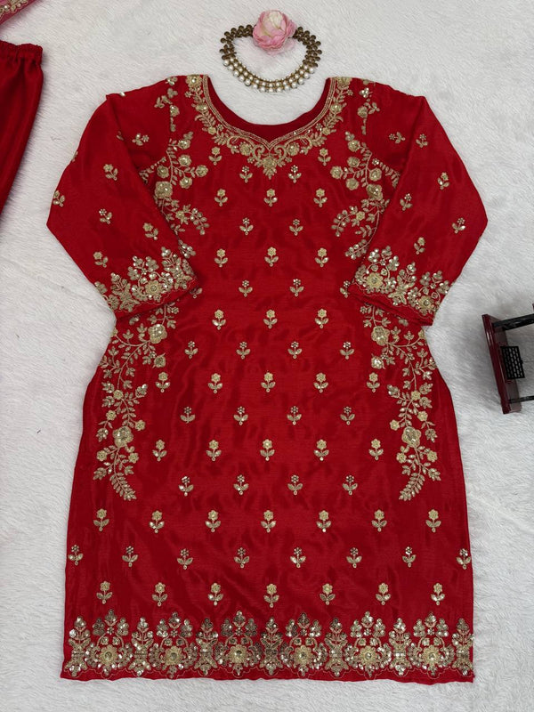 Red Chinon Silk Embroidered Sharara Set with Net Dupatta & Lace Border ClothsVilla