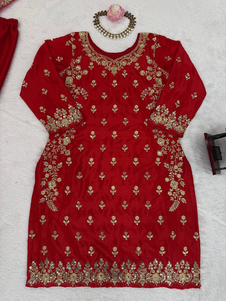 Red Chinon Silk Embroidered Sharara Set with Net Dupatta & Lace Border ClothsVilla