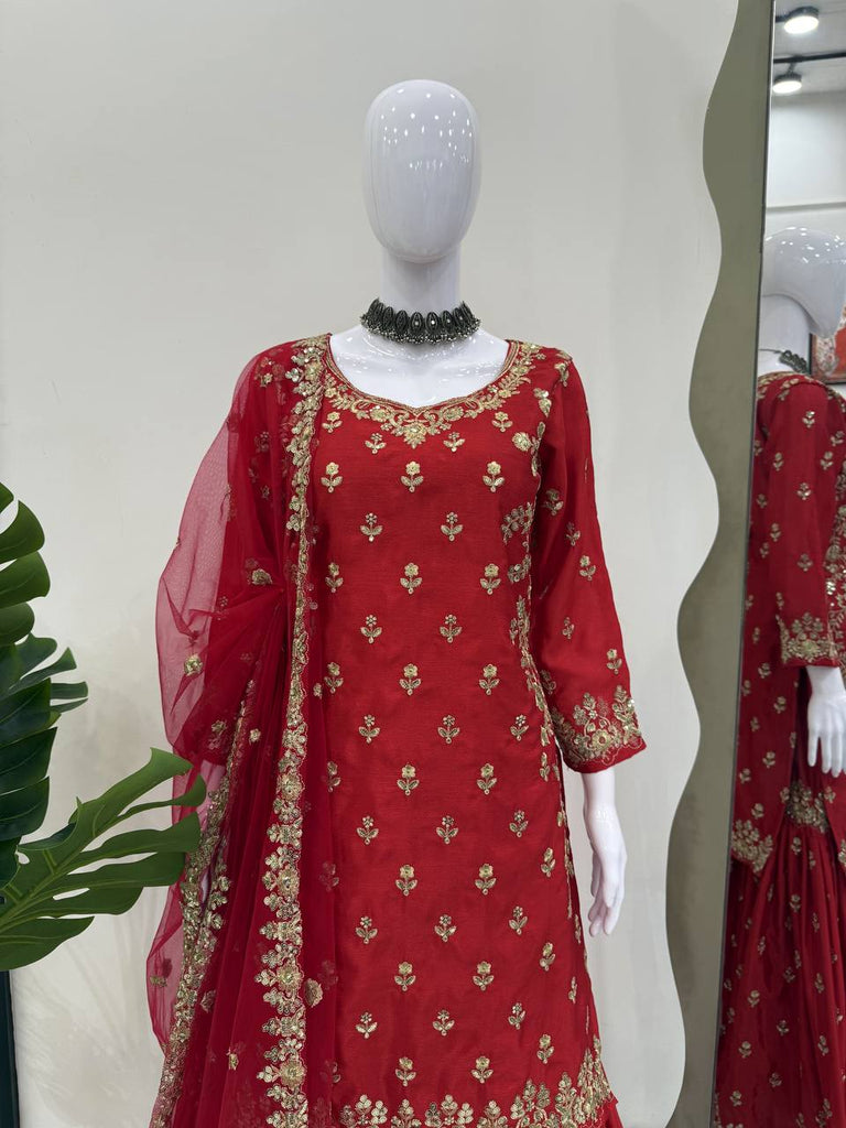 Red Chinon Silk Embroidered Sharara Set with Net Dupatta & Lace Border ClothsVilla