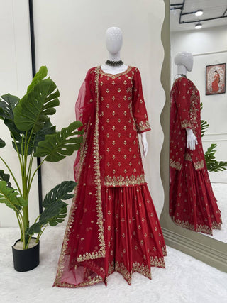 Red Chinon Silk Embroidered Sharara Set with Net Dupatta & Lace Border ClothsVilla