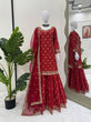 Load image into Gallery viewer, Red Chinon Silk Embroidered Sharara Set with Net Dupatta &amp; Lace Border ClothsVilla