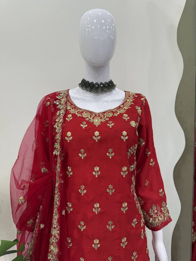 Red Chinon Silk Embroidered Sharara Set with Net Dupatta & Lace Border ClothsVilla
