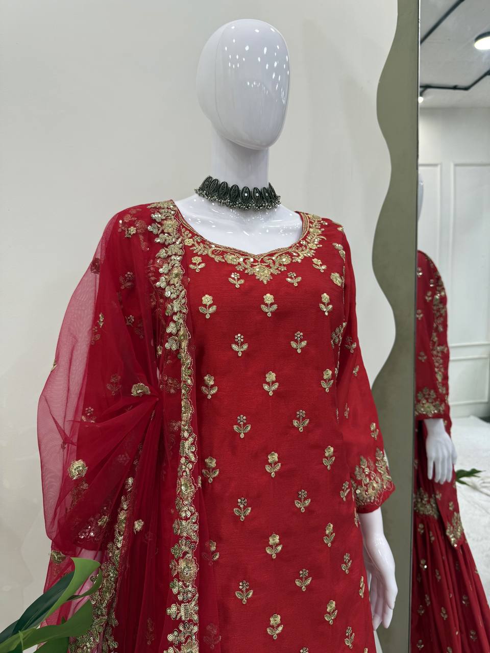 Red Chinon Silk Embroidered Sharara Set with Net Dupatta & Lace Border ClothsVilla