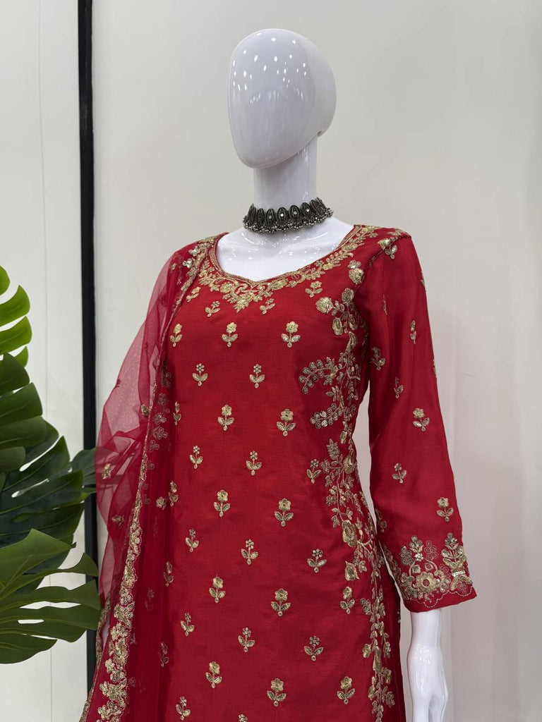 Red Chinon Silk Embroidered Sharara Set with Net Dupatta & Lace Border ClothsVilla