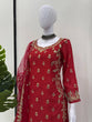Load image into Gallery viewer, Red Chinon Silk Embroidered Sharara Set with Net Dupatta &amp; Lace Border ClothsVilla