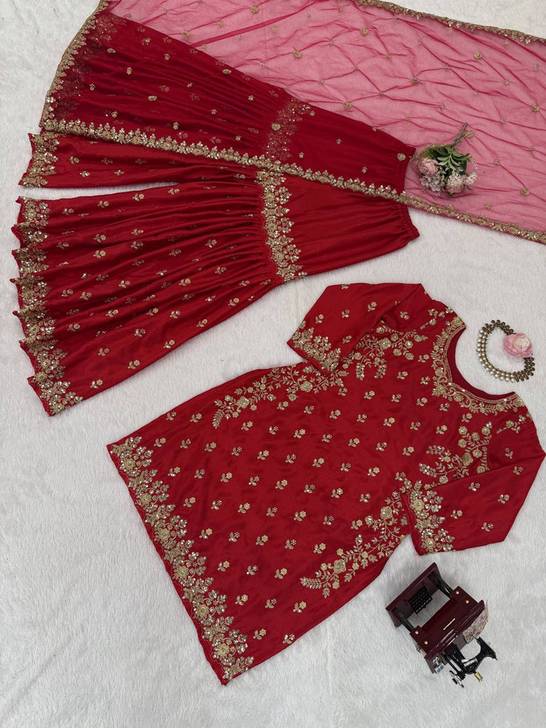 Red Chinon Silk Embroidered Sharara Set with Net Dupatta & Lace Border ClothsVilla
