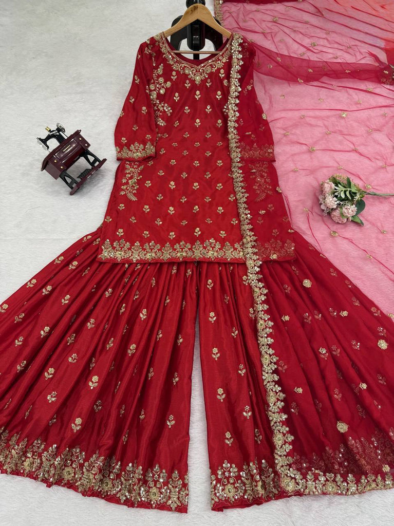 Red Chinon Silk Embroidered Sharara Set with Net Dupatta & Lace Border ClothsVilla
