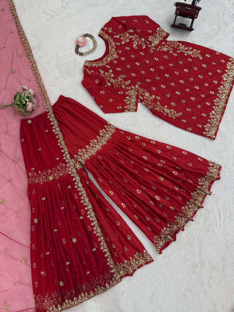Red Chinon Silk Embroidered Sharara Set with Net Dupatta & Lace Border ClothsVilla