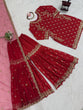 Load image into Gallery viewer, Red Chinon Silk Embroidered Sharara Set with Net Dupatta &amp; Lace Border ClothsVilla
