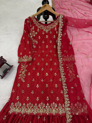 Red Chinon Silk Embroidered Sharara Set with Net Dupatta & Lace Border ClothsVilla