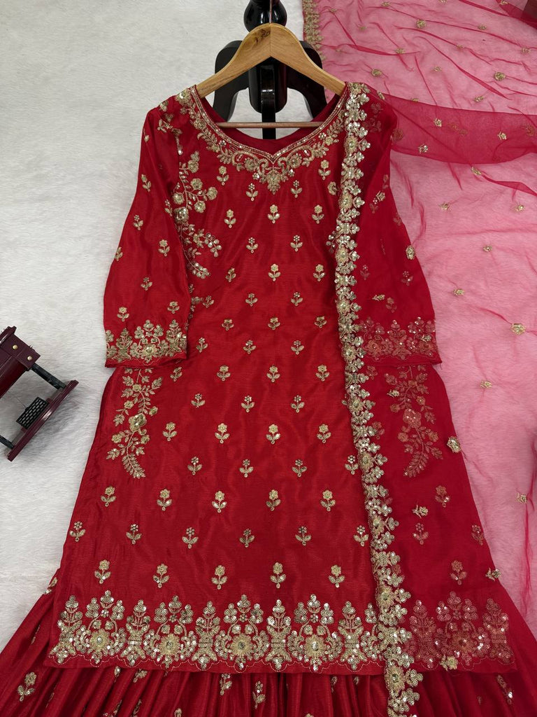 Red Chinon Silk Embroidered Sharara Set with Net Dupatta & Lace Border ClothsVilla