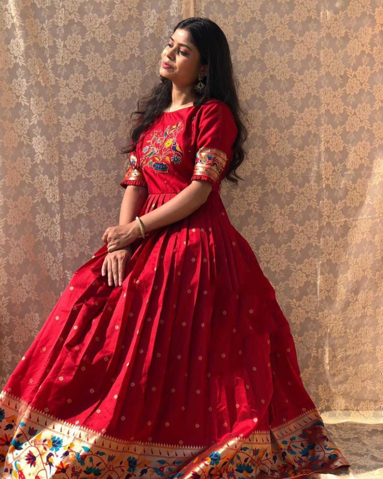 Red Color Banarasi Silk Pethani Gown Clothsvilla