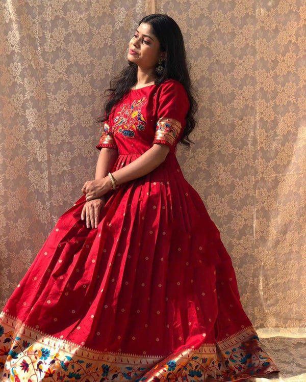 Red Color Banarasi Silk Pethani Gown Clothsvilla