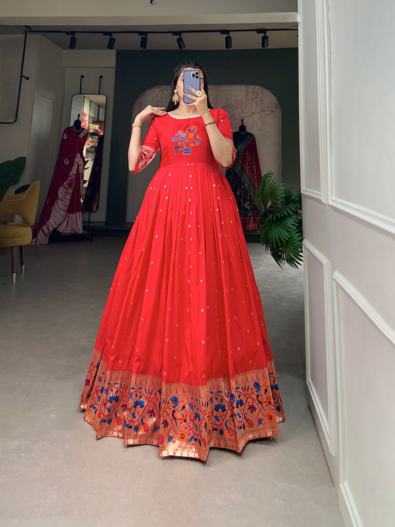 Red Color Banarasi Silk Pethani Gown - Clothsvilla Red Color Banarasi Silk Pethani Gown - Clothsvilla