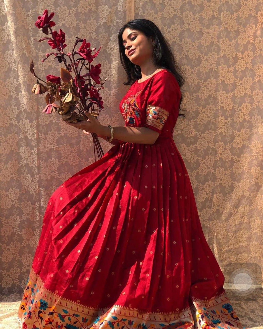 Red Color Banarasi Silk Pethani Gown Clothsvilla