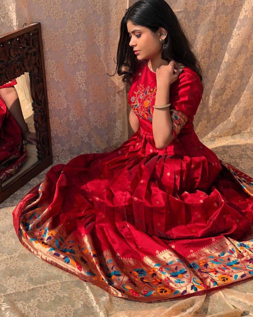 Red Color Banarasi Silk Pethani Gown Clothsvilla
