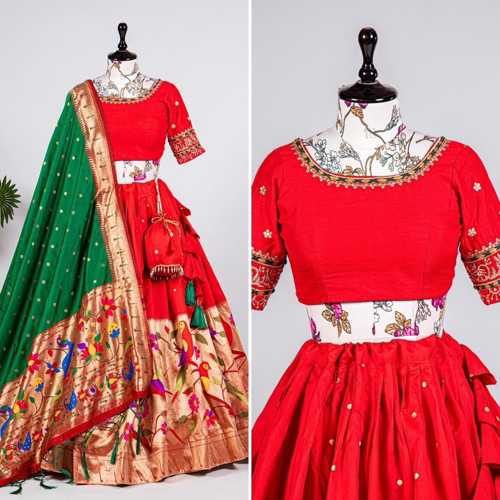 Red Color Exquisite Handwoven Paithani Lehenga Choli: Be the South Indian Bride of Your Dreams ClothsVilla
