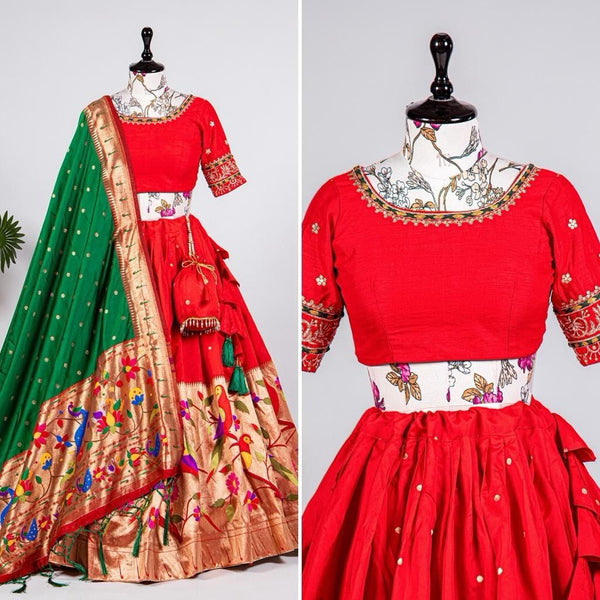 Red Color Exquisite Handwoven Paithani Lehenga Choli: Be the South Indian Bride of Your Dreams ClothsVilla