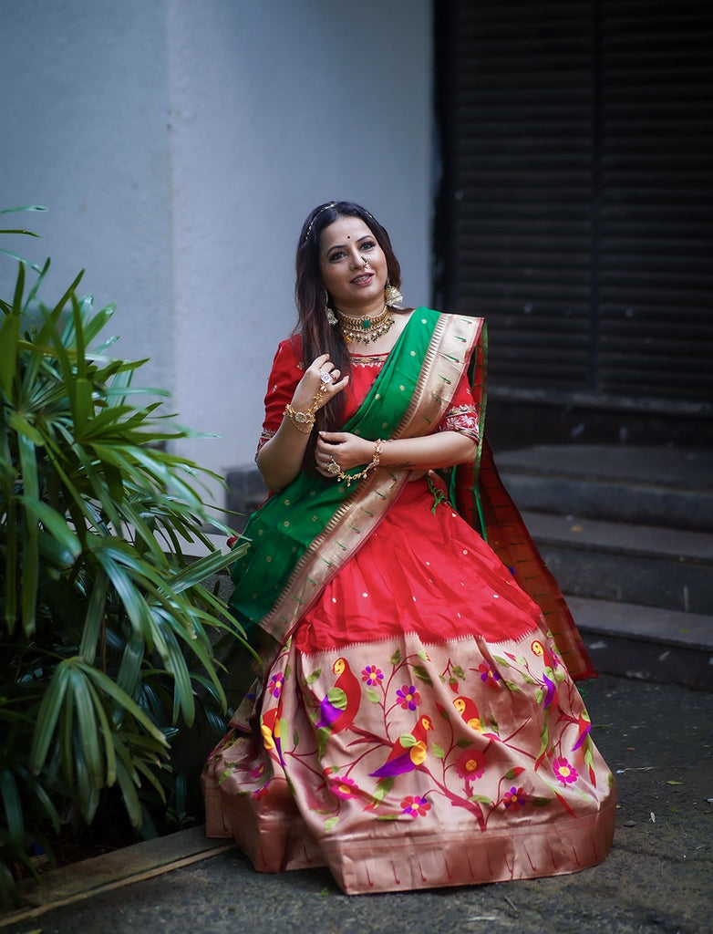 Red Color Exquisite Handwoven Paithani Lehenga Choli: Be the South Indian Bride of Your Dreams ClothsVilla