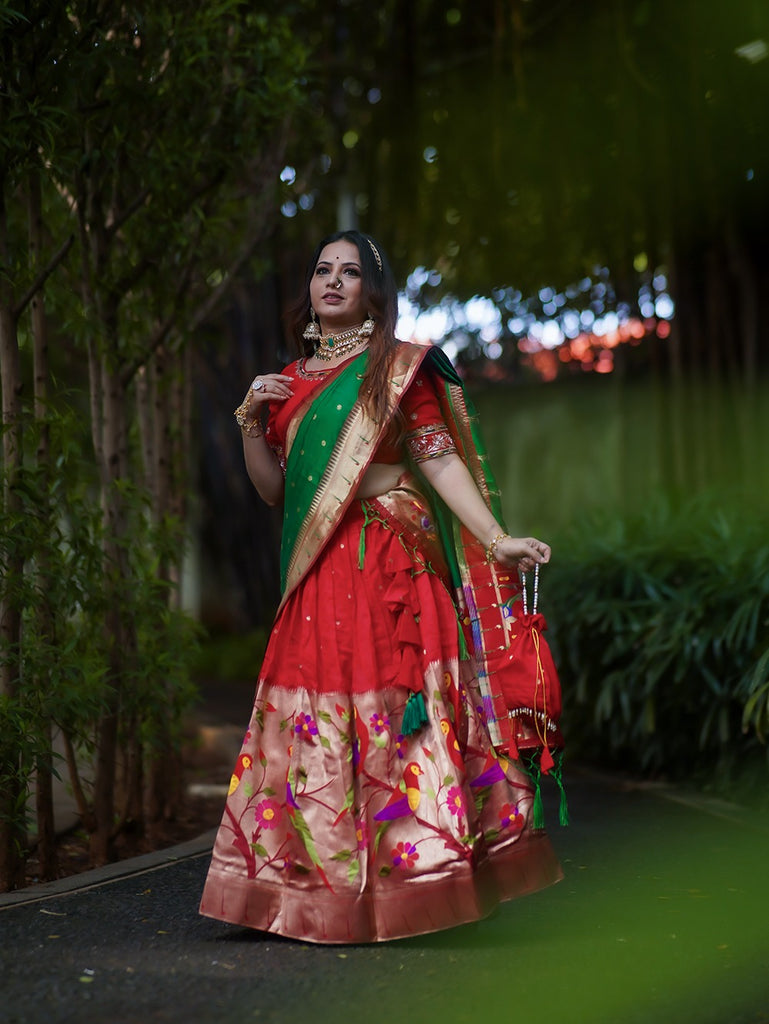 Red Color Exquisite Handwoven Paithani Lehenga Choli: Be the South Indian Bride of Your Dreams ClothsVilla