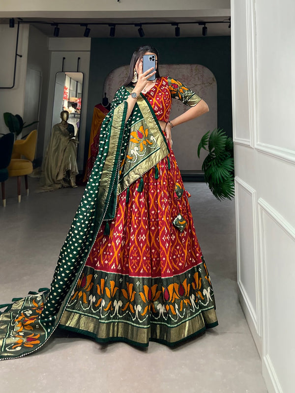 Red Color Exuberant Dola Silk Lehenga Set with Stunning Foil Prints ClothsVilla