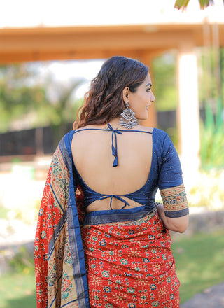 Red Color Foil Printed And Stone Work Dola Silk Saree Clothsvilla