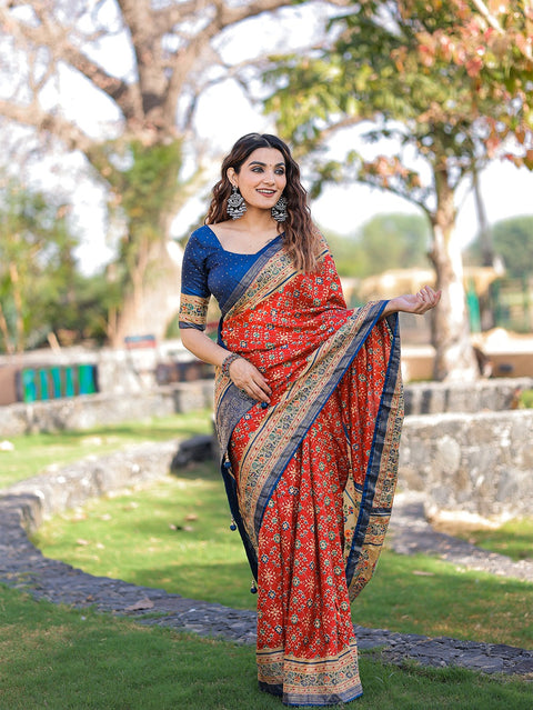 Red Color Foil Printed And Stone Work Dola Silk Saree Clothsvilla Main image