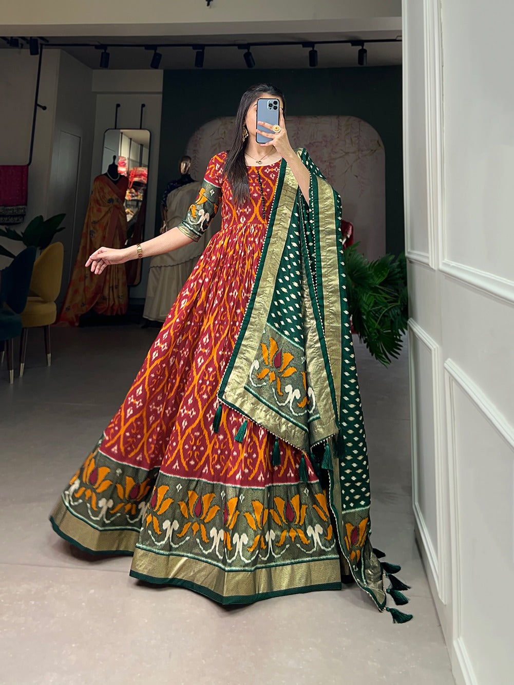 Red Color Patola Print Gown with Foil Detailing and Tussar Silk Elegance ClothsVilla