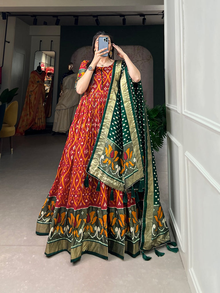 Red Color Patola Print Gown with Foil Detailing and Tussar Silk Elegance ClothsVilla