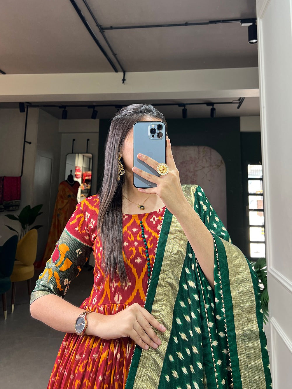 Red Color Patola Print Gown with Foil Detailing and Tussar Silk Elegance ClothsVilla