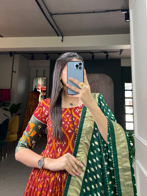 Red Color Patola Print Gown with Foil Detailing and Tussar Silk Elegance ClothsVilla