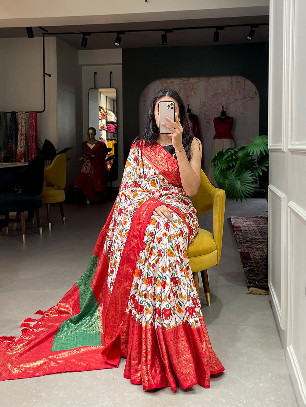 Red Color Patola Print with Foil Work Dola Silk Saree Clothsvilla Main image