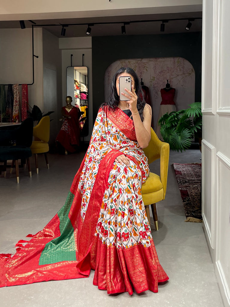 Red Color Patola Print with Foil Work Dola Silk Saree Clothsvilla