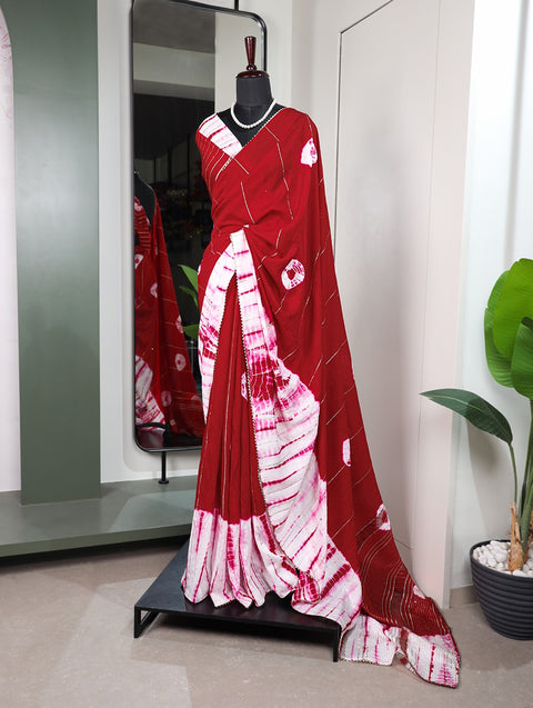 Red Color Sequined Viscose Chanderi Saree with Gota Patti Border & Blouse ClothsVilla Main image