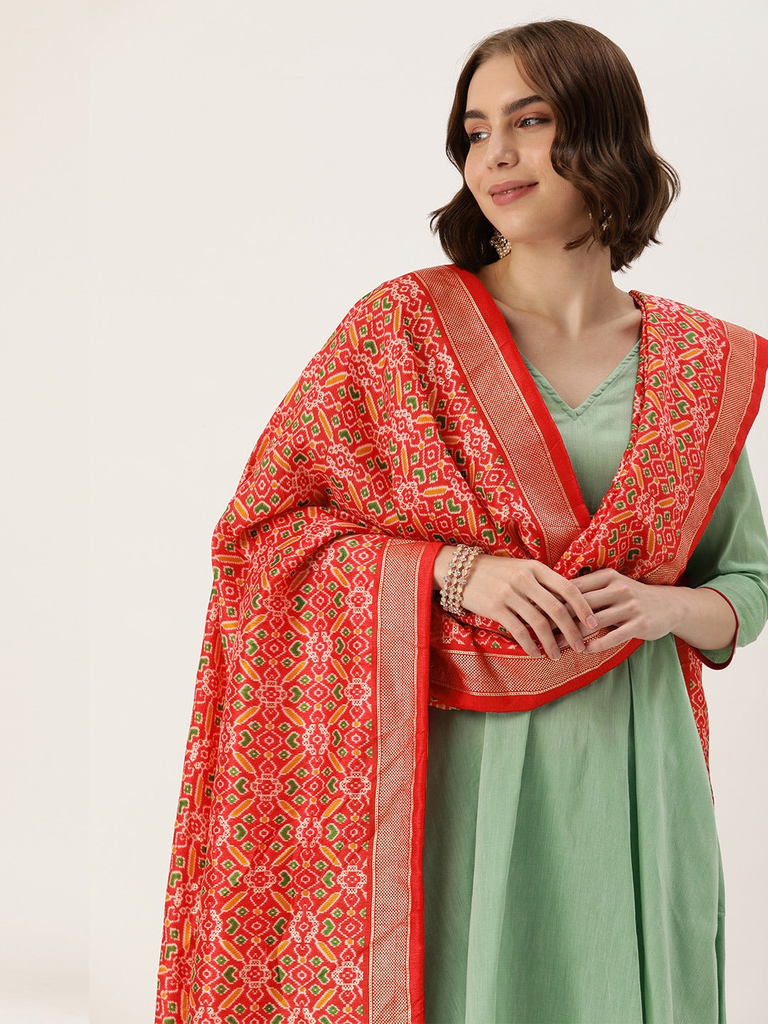 Red Color Tusser Silk Patola Printed Dupatta Secondary image