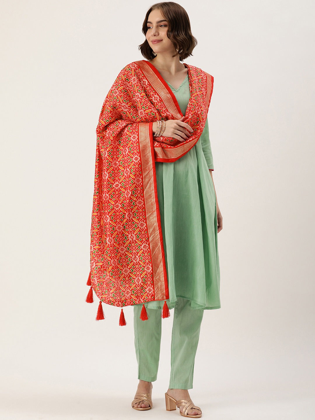 Red Color Tusser Silk Patola Printed Dupatta ClothsVilla