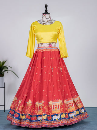Red Color Vaishali Silk Lehenga Co-ord Set with Fairy Sleeves ClothsVilla