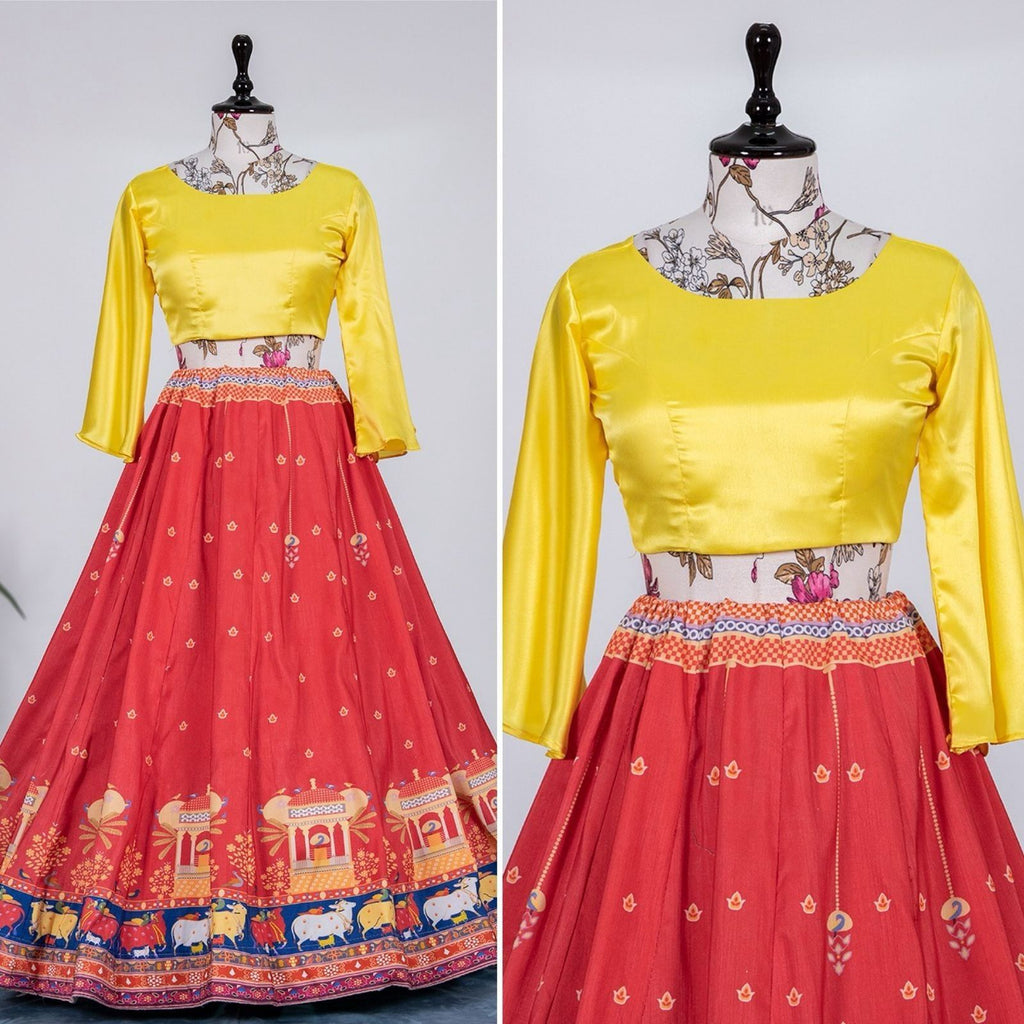 Red Color Vaishali Silk Lehenga Co-ord Set with Fairy Sleeves ClothsVilla