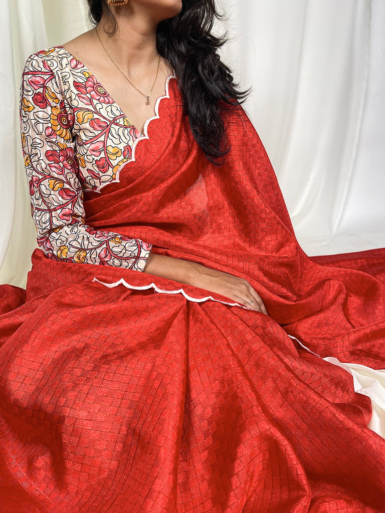 Red Color Vibrant Gadwal Chex Saree with Arca Work & Printed Linan Blouse ClothsVilla