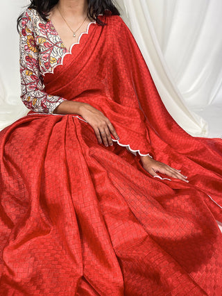 Red Color Vibrant Gadwal Chex Saree with Arca Work & Printed Linan Blouse ClothsVilla