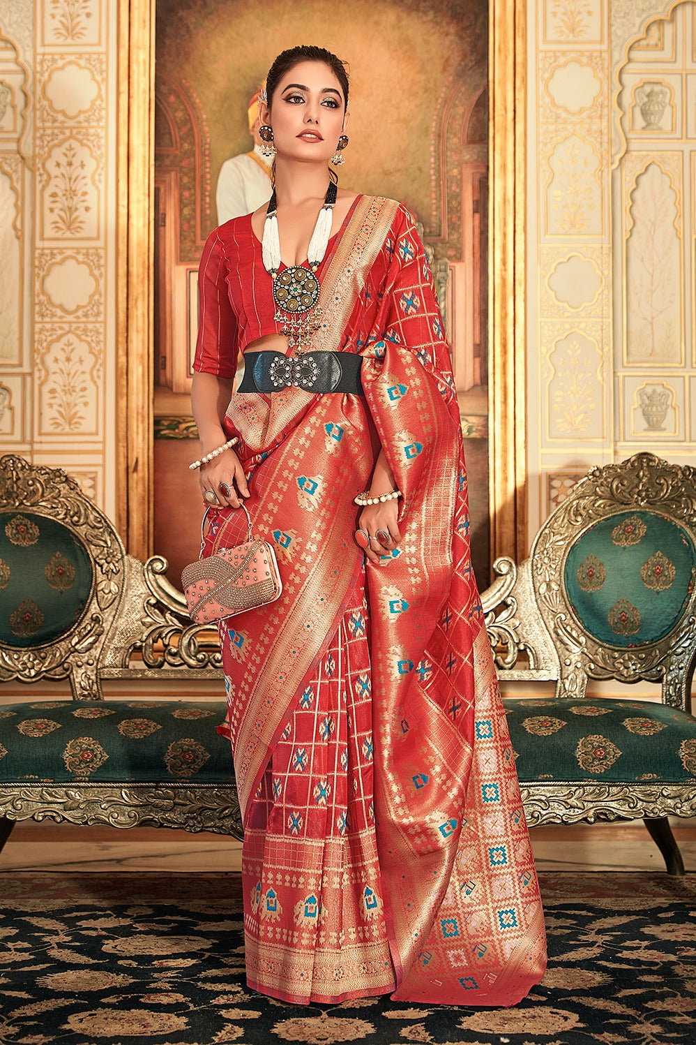 Red Color Weaving Work Organza Saree Clothsvilla