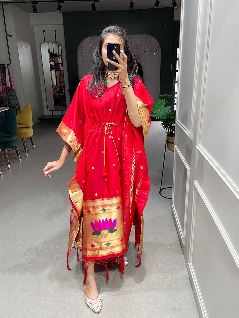 Red Color Weaving Zari Work Jacquard Paithani Kaftan Dress Clothsvilla