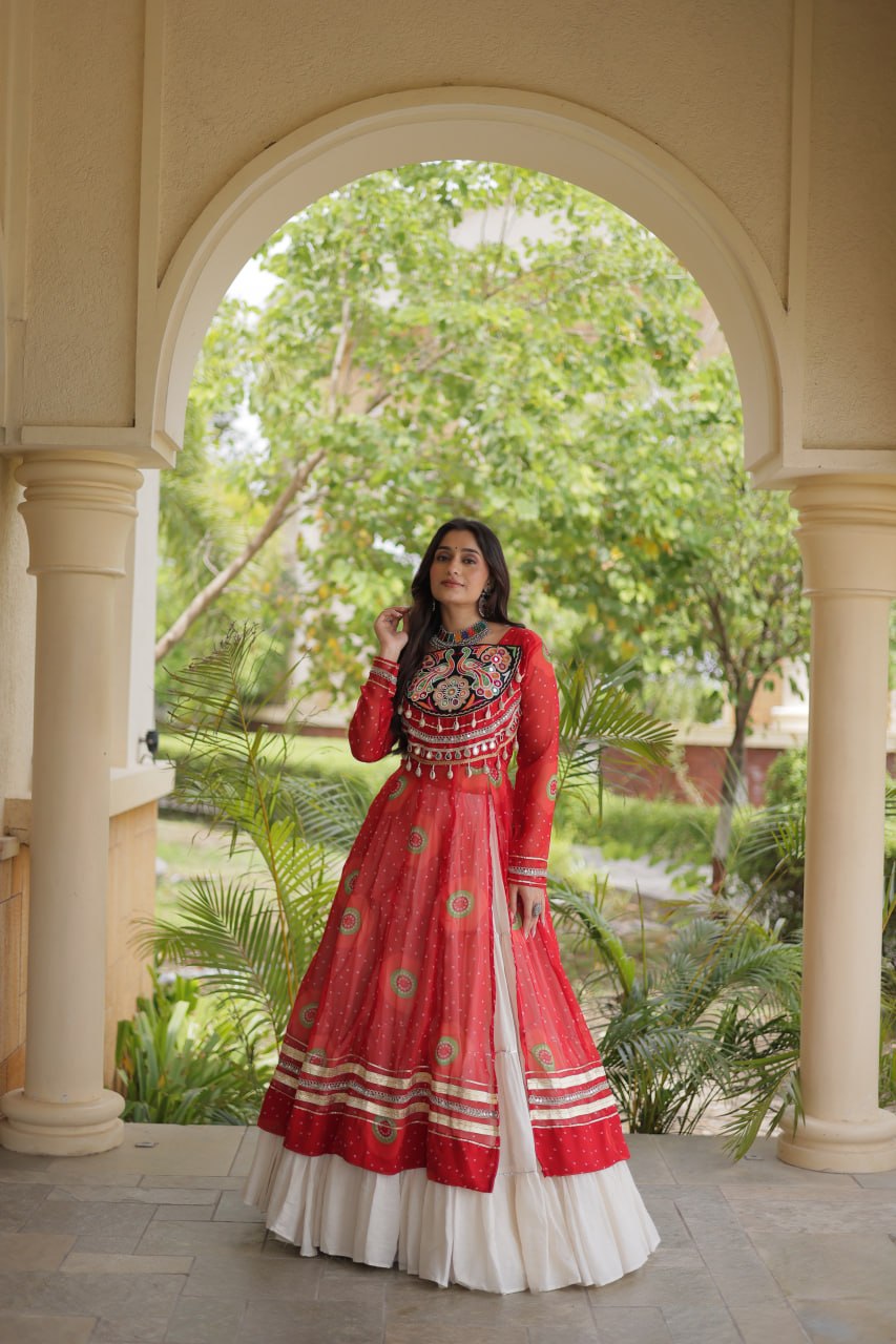 Red Cotton Lehenga with Patchwork Kurti ClothsVilla