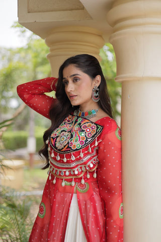 Red Cotton Lehenga with Patchwork Kurti ClothsVilla