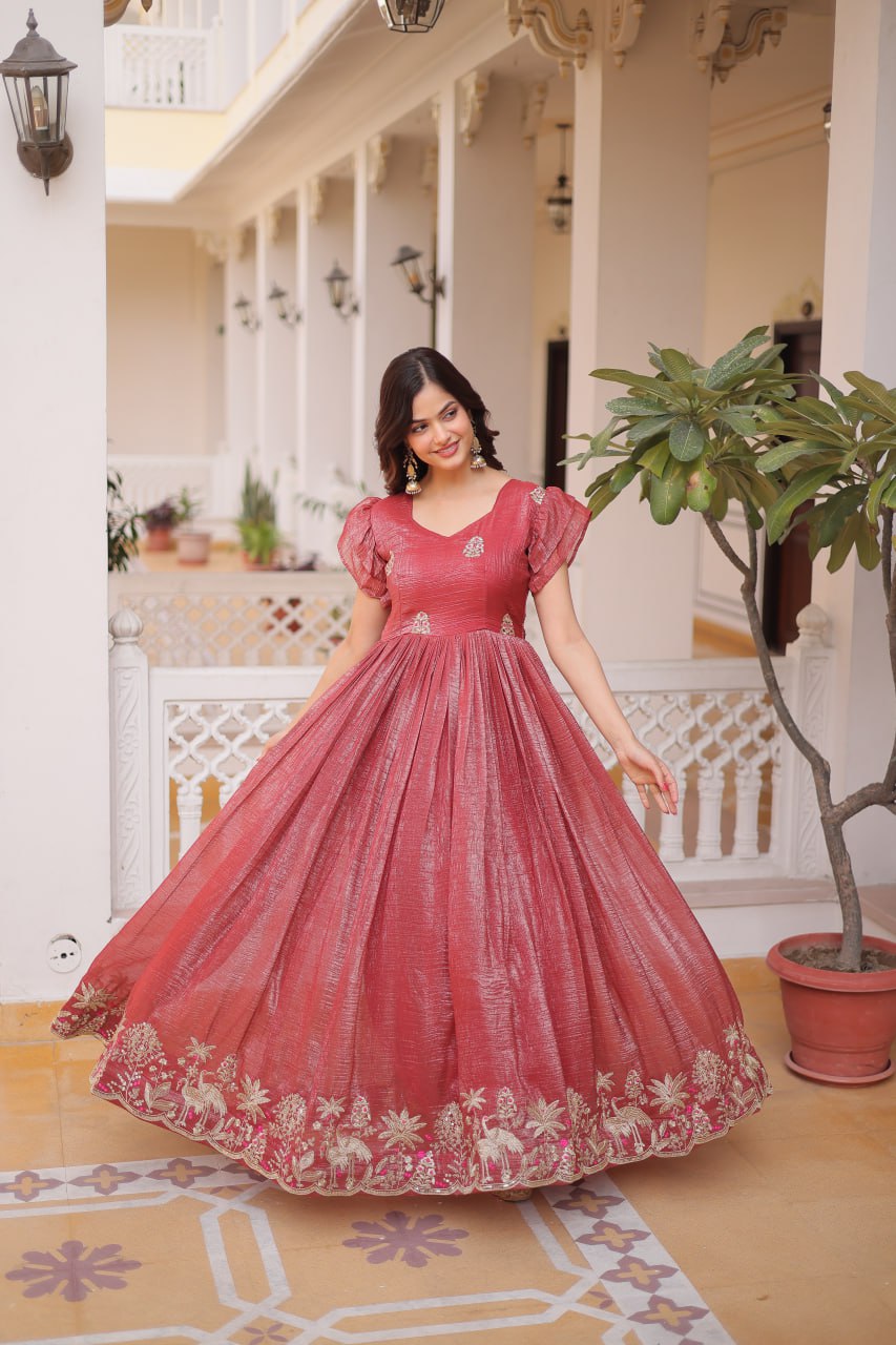Red Crunchy Gown Double Frill Sleeves ClothsVilla