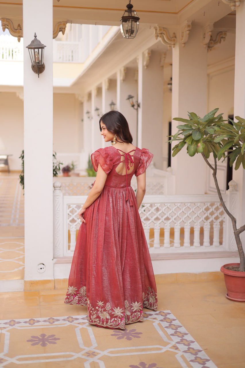 Red Crunchy Gown Double Frill Sleeves ClothsVilla