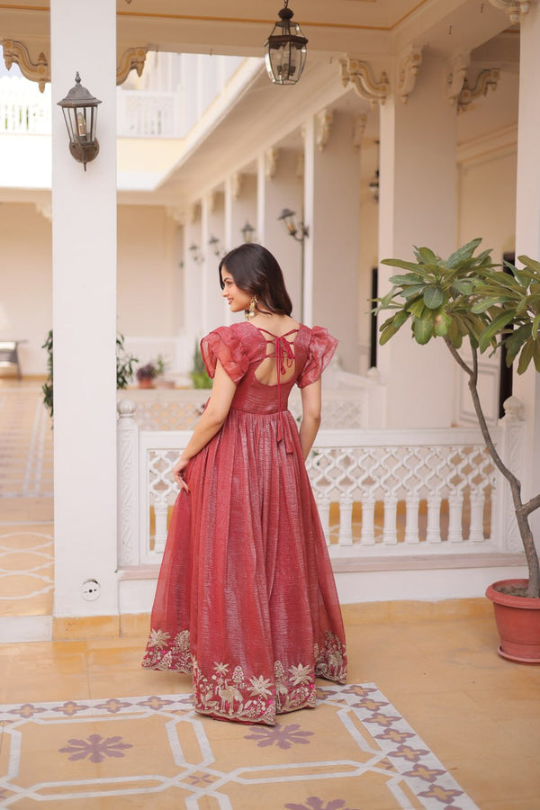 Red Crunchy Gown Double Frill Sleeves ClothsVilla