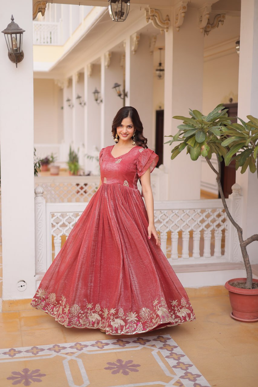 Red Crunchy Gown Double Frill Sleeves ClothsVilla