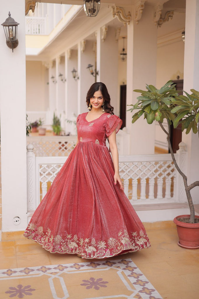 Red Crunchy Gown Double Frill Sleeves ClothsVilla